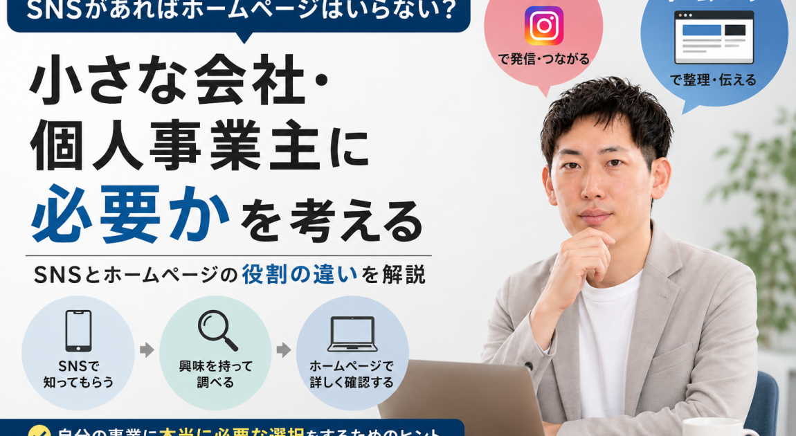 SNSとホームページの役割の違いと必要性を解説する記事のアイキャッチ画像